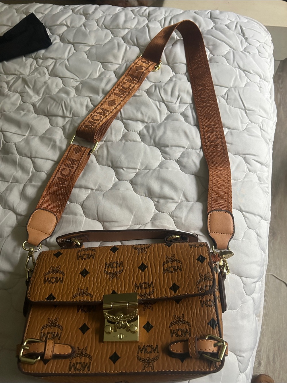 MCM Cognac Visetos Monogram Crossbody Bag with Gold Hardware
